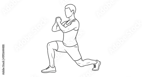 A black and white line drawing depicts a muscular man performing a lunge exercise showcasing proper form and athletic fitness