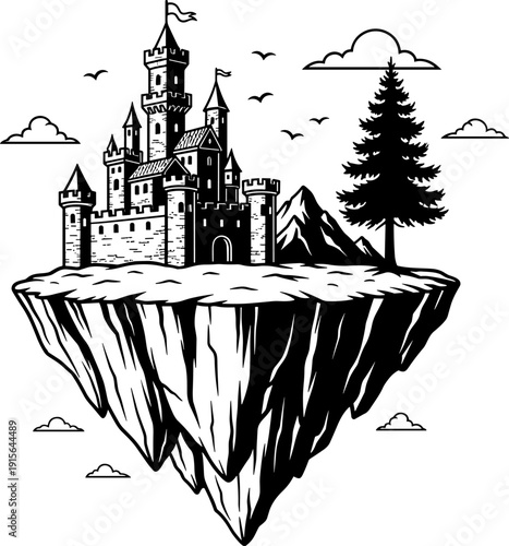 Floating castle towers flags fortified walls, coniferous tree mountain background, whimsical fantasy land suspended clouds birds, black and white imaginative adventure illustration artwork