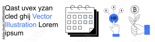 Business planning, HR management, sustainability, team collaboration, career development, financial growth. Calendar, HR icon with connections and seedling with cryptocurrency. HR management