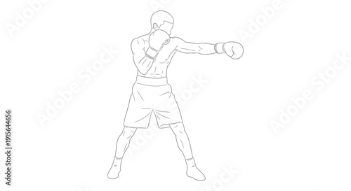 A black and white line drawing depicts a male boxer in fighting stance throwing a right punch with boxing gloves on