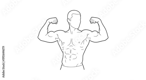 A black and white line drawing depicts a muscular male figure flexing his arms showcasing a toned physique and abdominal muscles