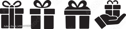 Black gift box icons with ribbons and a hand