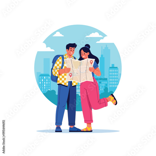 Happy young couple enjoying a day out together, studying a map for navigation and exploring the city with excitement and curiosity, showcasing their adventurous spirit and joyful interaction.