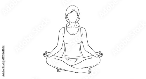 A black and white line drawing depicts a woman in a meditative lotus position demonstrating yoga and mindfulness practices with serene posture
