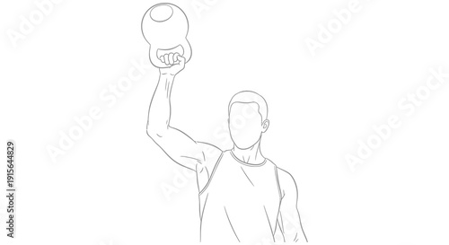 A black and white line drawing depicts a man holding a kettlebell above his head demonstrating a fitness exercise