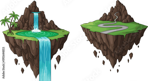 Floating tropical island palm trees waterfall pool, rocky mountain winding road curved path, surreal fantasy landscape suspended terrain, black and white imaginative artwork