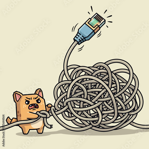 Angry Cartoon Animal Struggling with Tangled Ethernet Cable and RJ45 Plug