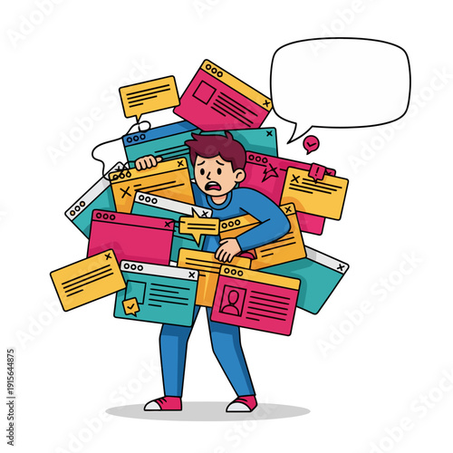 Information Overload: Man overwhelmed by digital browser windows