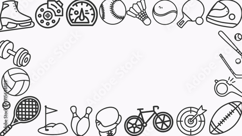 Exercise and other sport equipment on white background with copy space, Healthy lifestyle elements, sports themed outline frame. Template for poster, social media, ads, banner Vector illustration