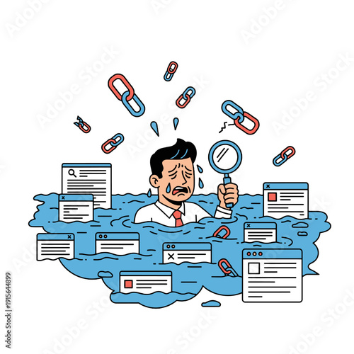 Stressed businessman drowning in broken website links and audit windows