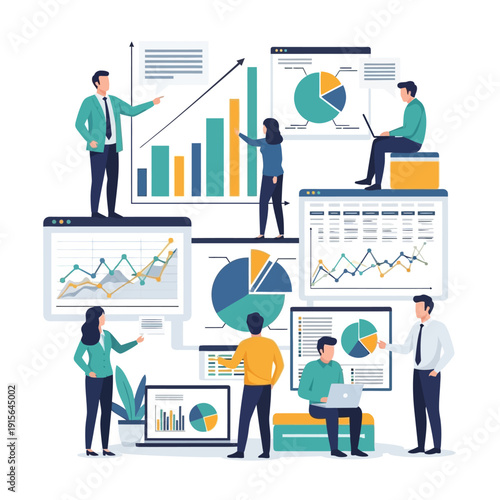 Team analyzing business data on computer screens and charts.