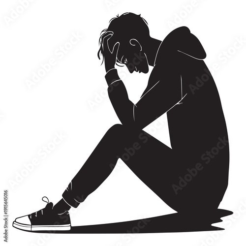 Minimalist vector illustration of a lonely person holding head