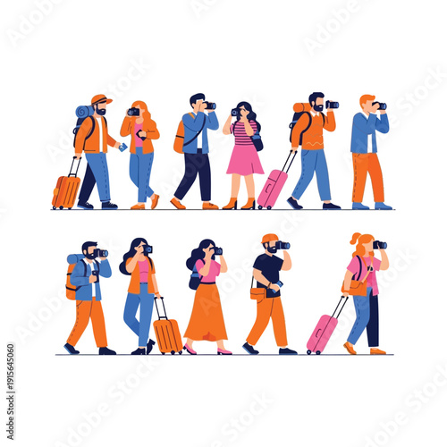 Happy tourists with cameras and luggage walking together in a vibrant cartoon illustration, showcasing travel and exploration with colorful clothing and accessories.