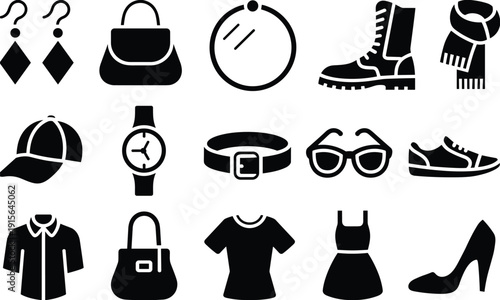 Black vector silhouette set of fashion accessories and apparel including handbags jewelry sunglasses watch belt shoes and clothing for retail branding and personal style design