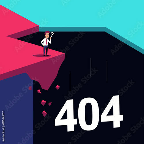 404 Error page concept with frustrated businessman on crumbling edge.
