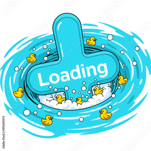 Cartoon Loading Screen Bar in Bathtub with Rubber Ducks and Swirling Water