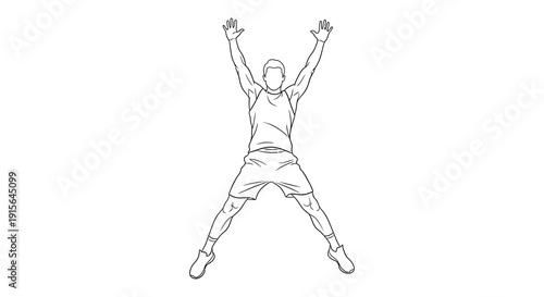 A black and white line drawing depicts a man in athletic wear with arms raised performing a jumping jack exercise in mid air
