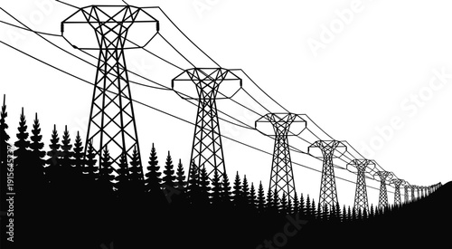 Row of high voltage electricity transmission towers over forest landscape, power lines stretching into distance, electrical grid infrastructure, energy distribution system