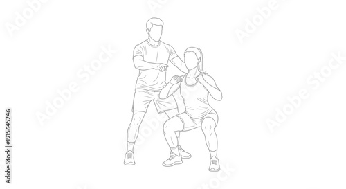 A black and white line drawing depicts two people performing a squat exercise one assisting the other in a fitness setting