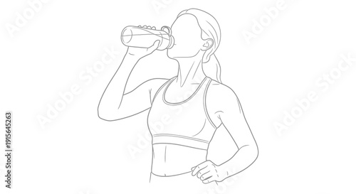 A black and white line drawing depicts a woman in athletic wear drinking from a water bottle likely after exercise or during a