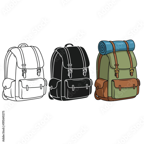 Three outdoor backpacks illustrated in different stages of completion and with different colors and accessories
