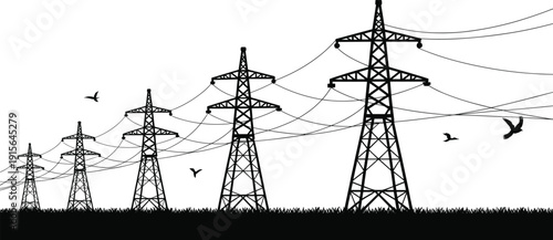 Row of tall electricity transmission towers with multiple power cables, flying birds in the sky, grass field below, electrical energy distribution, outdoor infrastructure