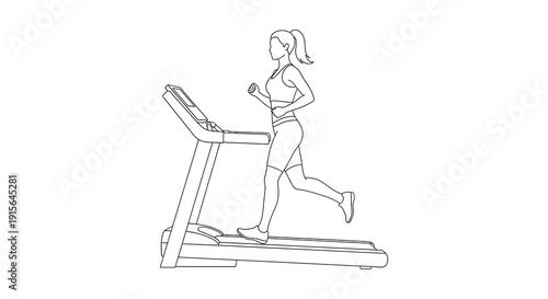 A black and white line drawing depicts a woman in athletic wear running on a treadmill illustrating fitness and exercise