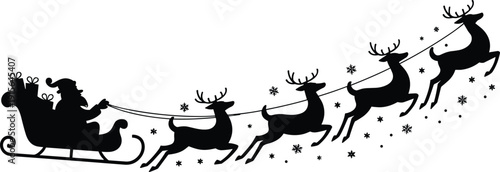 Santa Claus silhouette riding sleigh pulled by four reindeer, Christmas holiday vector illustration, winter festive design, seasonal decoration, Christmas celebration concept.