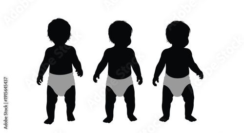 Three adorable baby silhouettes standing and wearing diapers in different stances front view