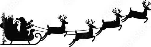 Santa Claus silhouette riding sleigh with gifts, reindeer flying in winter sky, Christmas holiday icon, festive vector illustration, seasonal decoration