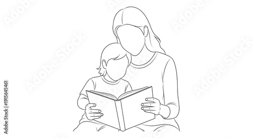 A black and white line drawing depicts a woman sitting and reading a book to a young child who is seated on her