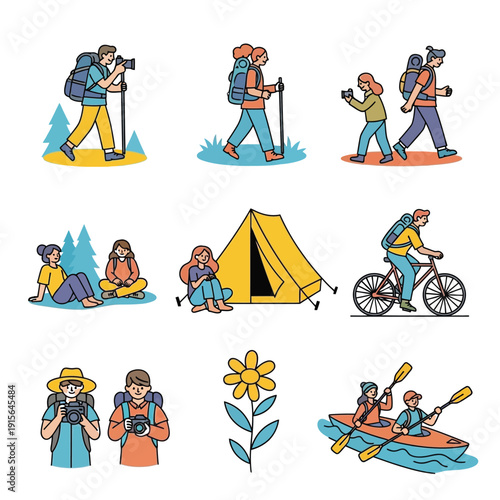 People enjoying outdoor activities like hiking, camping, cycling, and kayaking together, capturing memories with cameras.