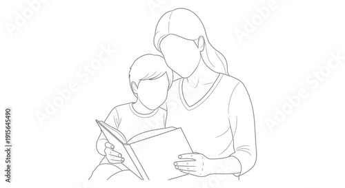 A black and white line drawing depicts a woman sitting and reading a book with a small child nestled in her arms showing