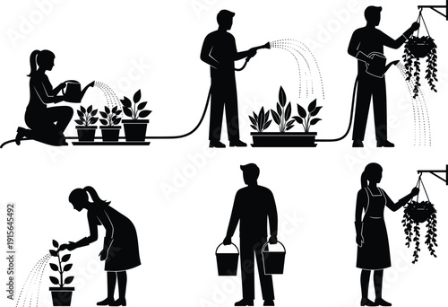 Black vector silhouette set of male and female gardeners watering potted plants and hanging baskets for home gardening hobby horticulture nursery and botanical branding design