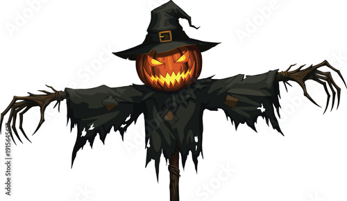 Scary Halloween scarecrow with evil pumpkin head, dark robe and hat, creepy spooky illustration for October, haunted horror decoration, vector art for Halloween themes