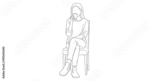 A monochrome line drawing depicts a woman seated in a chair enjoying a drink in her hands with a relaxed and contemplative posture