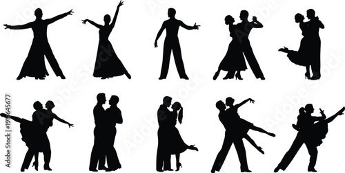Black vector silhouette set of professional ballroom dancers performing elegant latin and tango routines for dance studio branding competitive performing arts and romantic event design