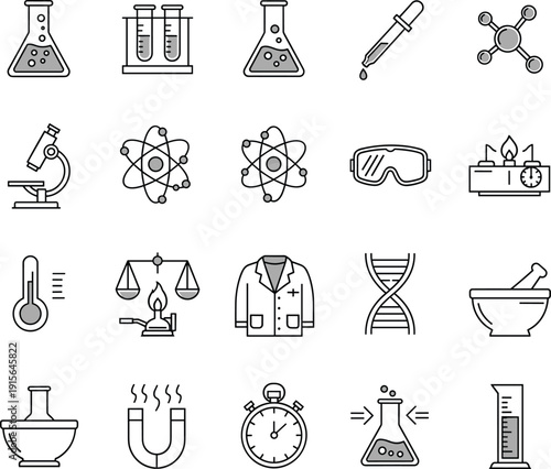 Science laboratory icons collection, chemistry tools, experiment symbols, lab equipment, DNA, atoms, test tubes, beaker, microscope, flat line