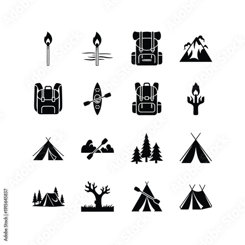 Camping icons featuring tents, backpacks, and outdoor elements for adventure and nature-themed designs and websites, perfect for travel and outdoor enthusiasts.