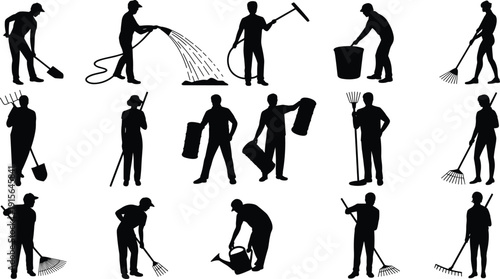 Black vector silhouette set of professional gardeners and farm workers using shovels rakes and watering hoses for backyard landscaping agricultural maintenance and nursery branding design