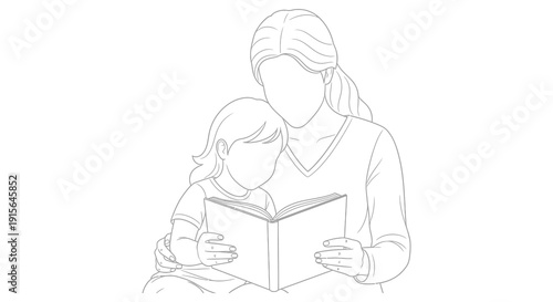 A black and white line drawing depicts a woman holding a young girl while reading an open book showcasing a tender moment