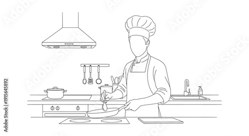 A black and white line drawing depicts a chef in a kitchen preparing food featuring a range hood utensils and a stovetop