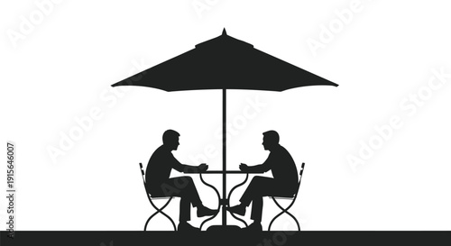 Two men having a conversation at an outdoor table under a patio umbrella