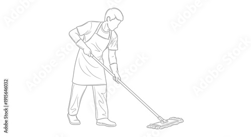 A black and white line drawing depicts a person wearing a uniform and apron cleaning a floor with a mop and handle