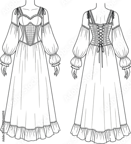 Renaissance style corset dress, puff sleeves, vintage lace-up gown front and back, fashion cad drawing, flat vector sketch illustration
