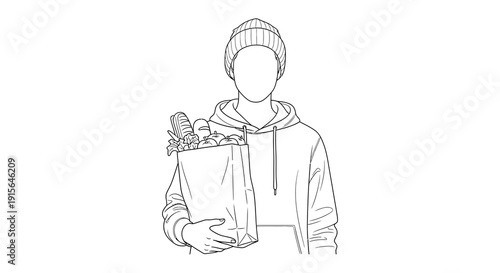 A black and white line drawing depicts a faceless figure wearing a beanie and hoodie holding a paper bag filled with groceries