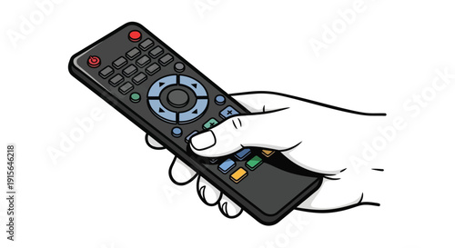 Hand holding a television remote control with various colored buttons and controls