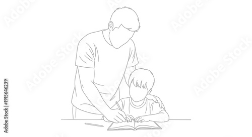 A black and white line drawing depicts an adult male figure assisting a young child with studying or writing at a table