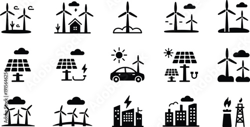 Renewable energy icons set, wind turbines, solar panels, green energy, eco power, sustainable city, environment friendly, electric energy illustration