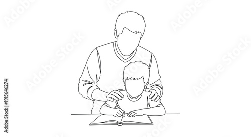 A black and white line drawing depicts a father and child seated at a table seemingly studying or reading an open book together
